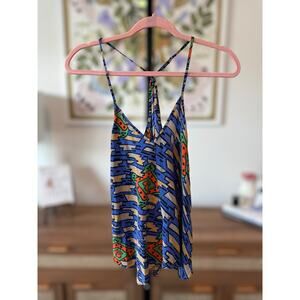 Amanda Uprichard 100% Silk Geometric Racerback Tank Best Fit Blue Womens Small